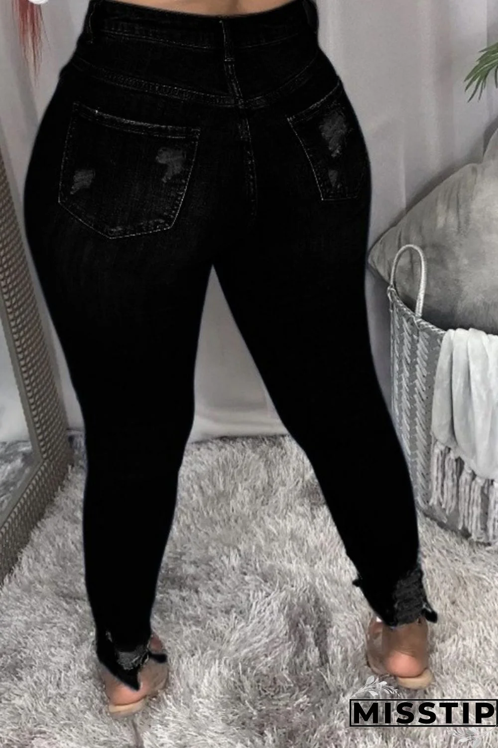 Black Fashion Casual Solid Ripped Plus Size Jeans