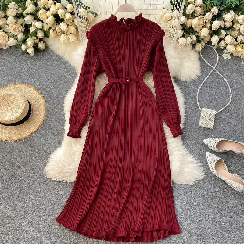 Croysier Spring Autumn Dresses For Women Casual Stand Collar Frill Long Sleeve Pleated Dress With Belt Ladies Elegant Midi Dress