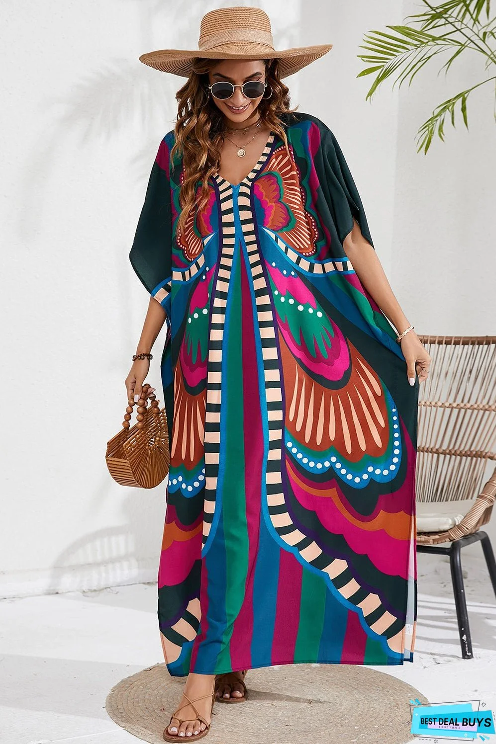 Slit Printed V-Neck Short Sleeve Cover Up