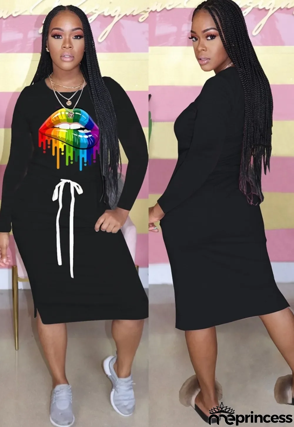 Autumn Lip Print Drawstrings Black O-Neck Shirt Dress