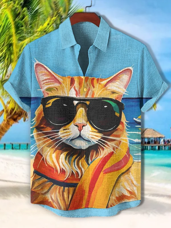 Men's Cat Beach Vacations Print Short Sleeve Shirt