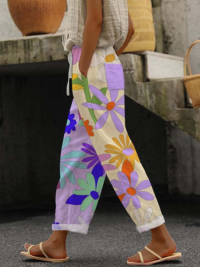 Mature Women Casual Pants Drawstring Pocket Floral Print Trousers