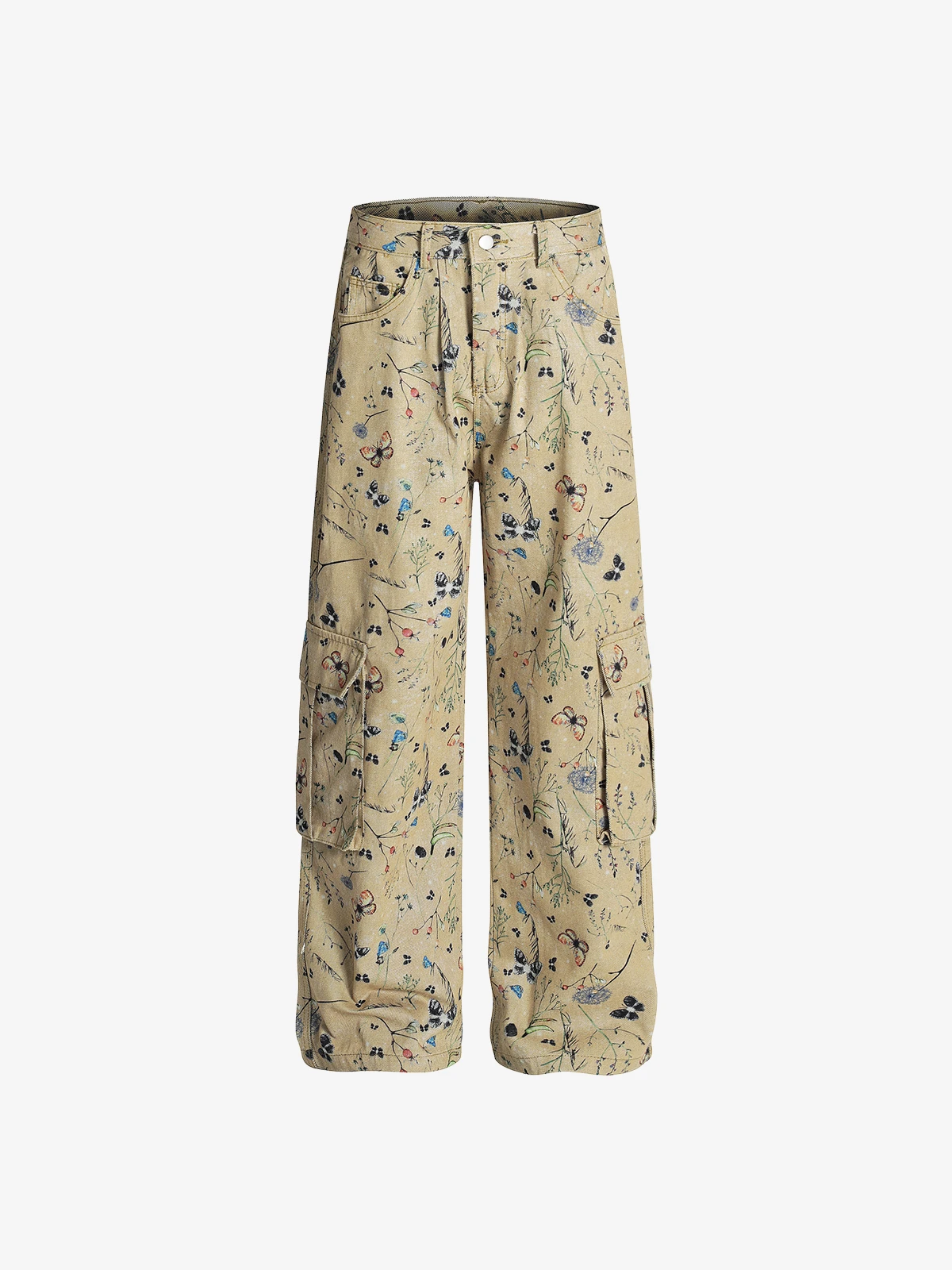 Yellow Actchic All-Over Plant & Animal Print Cargo Pants Front
