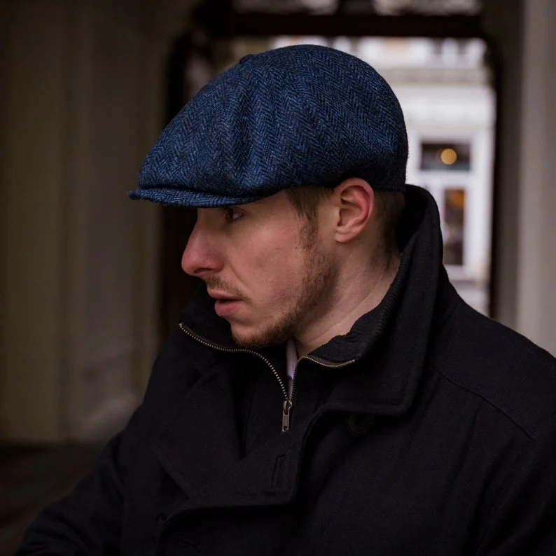 PEAKED CAPS Genuine Scottish Harris Tweed 8 Panels Newsboy Cap Apple Bandit Hooligan Blinder Hat Shelby Wool Large Crown BLUE-bLACK