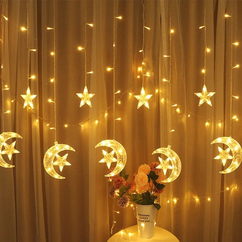 EID Mubarak Decoraion for Home Moon Star LED Curtain Light String Garland Islamic Muslim Party Al Adha Ramadan Christmas Decor
