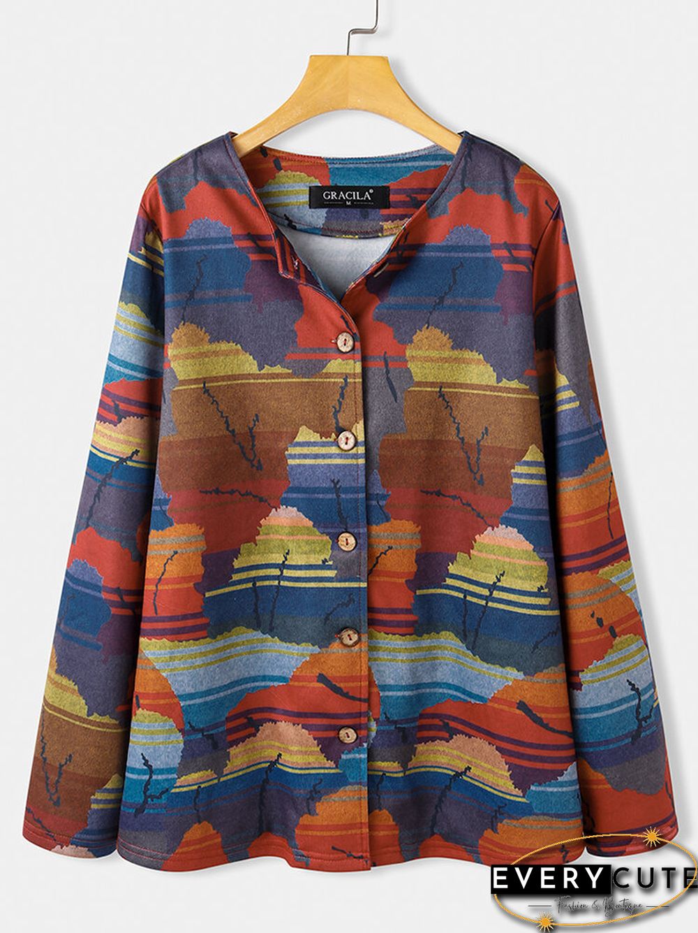 Vintage Print Long Sleeves O-neck Casual Button Coats For Women