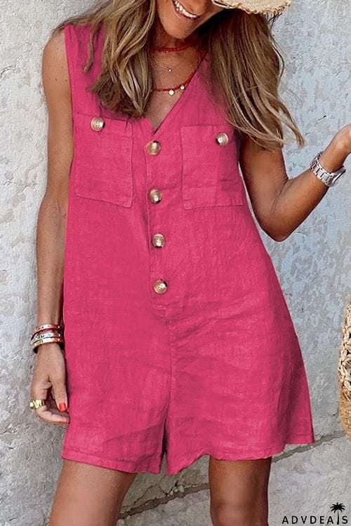 Button V Neck Pockets Romper