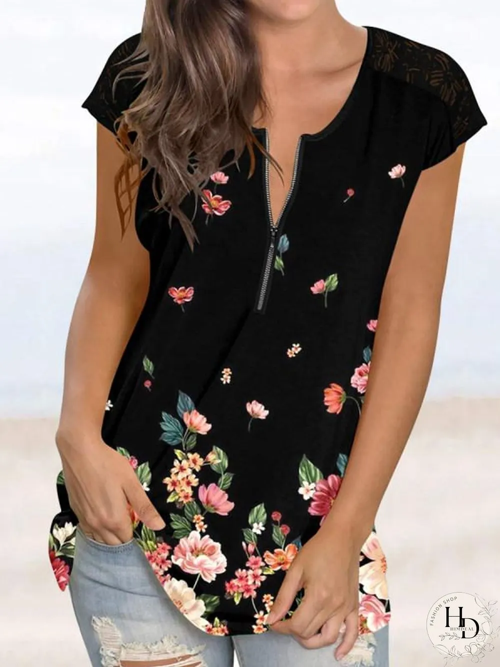 Zipper Printed Casual Patched Lace Sleeve Tee