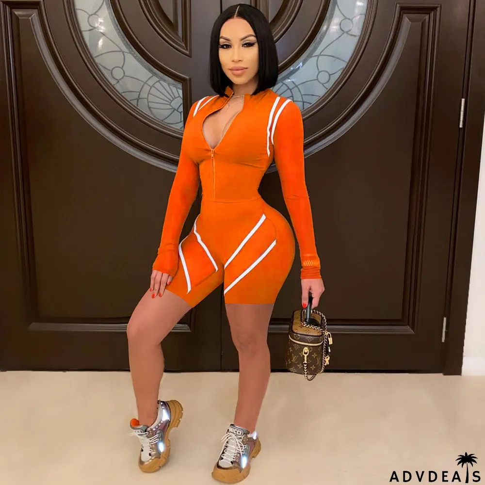 Fashion Long Sleeve Skinny Zip Jumpsuit
