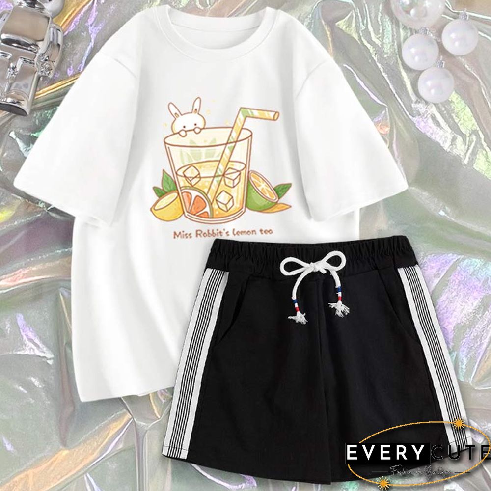 Cartoon Print Casual T-Shirt Shorts Set