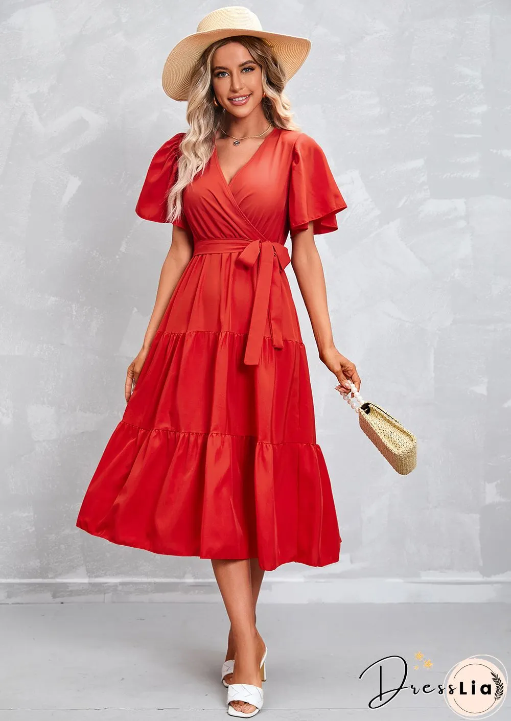 Elegant Womens Summer Dress & Casual Lace-Up Solid Color Neck High Waist Short Sleeve
