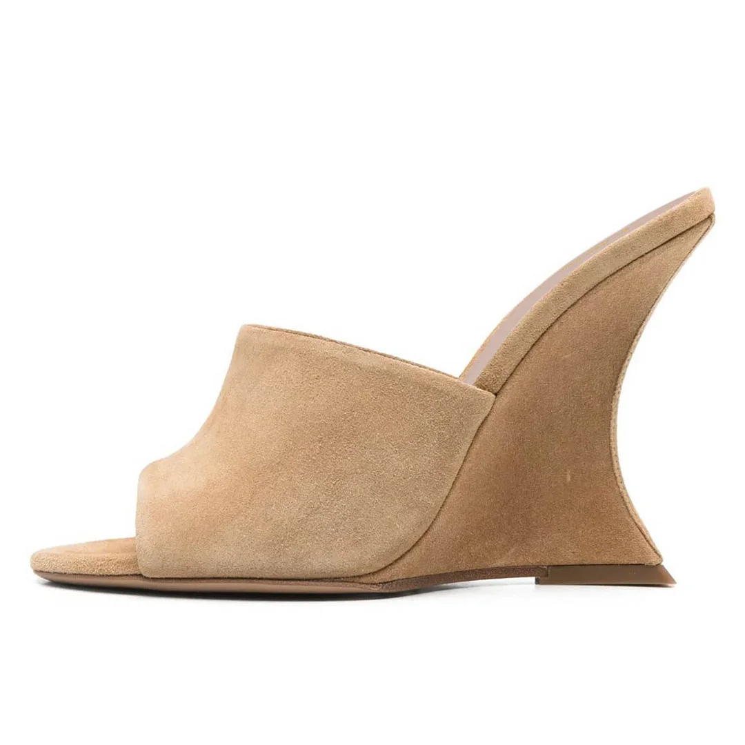 Women's Khaki Open Round Toe Wedge High Heel Slip On Mules Shoes