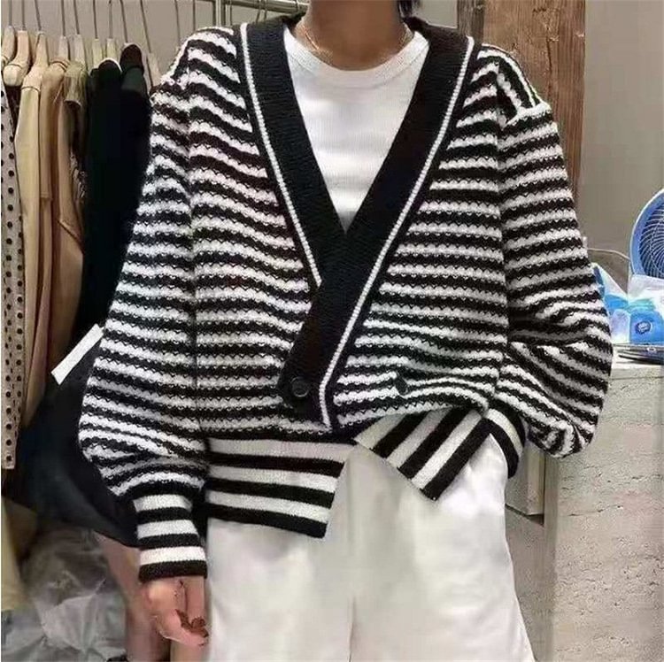 Retro Irregular Loose Striped Cardigan Sweater