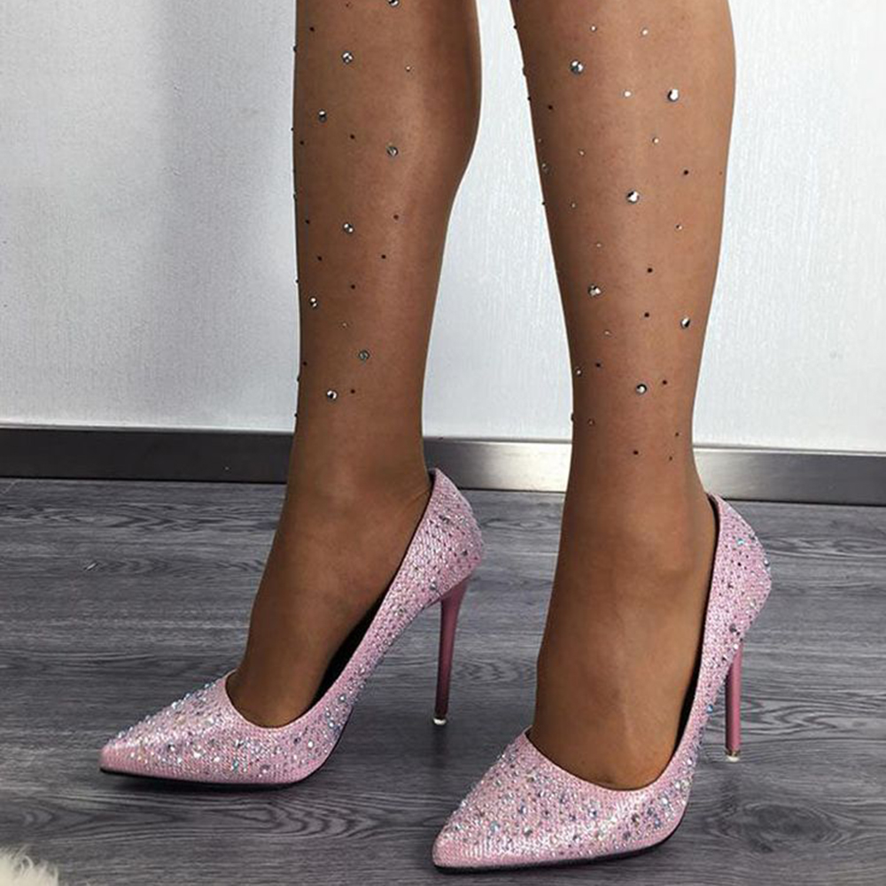 Pink Satin Closed Toe 4'' Stiletto Heel Rhinestone Pumps Nicepairs