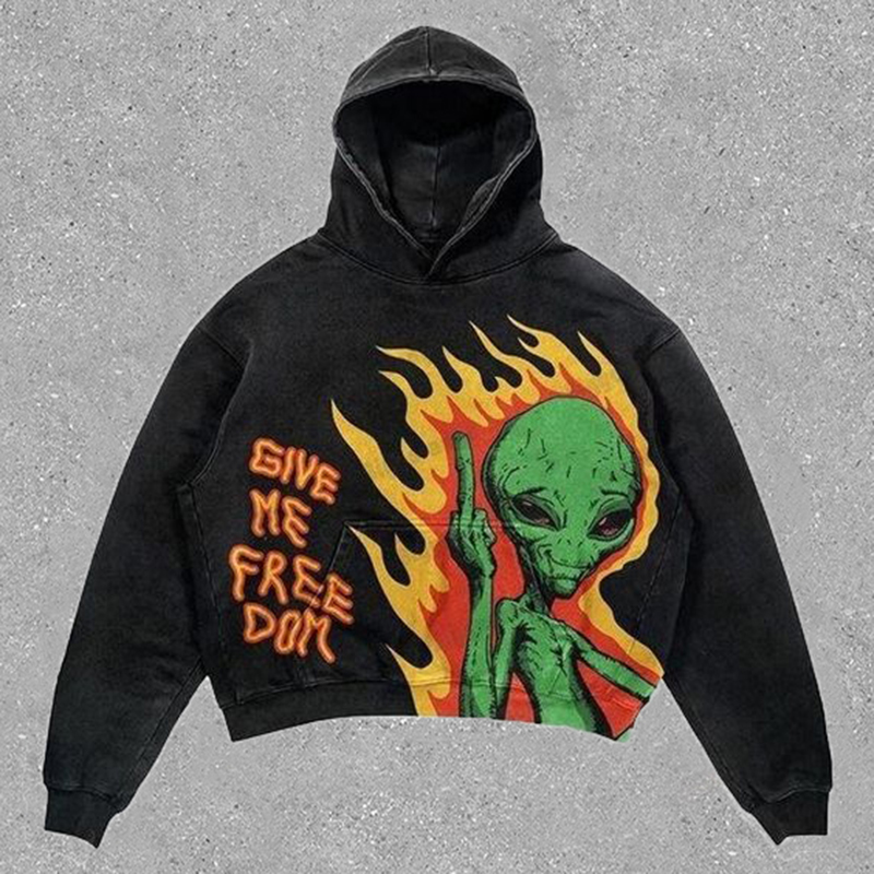 Sopula Relaxed Vintage Alien Print Graphic Casual Street Washed Hoodie - SOPULA