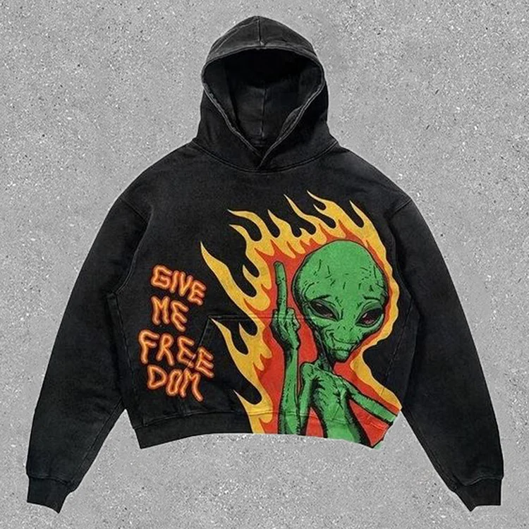 Relaxed Vintage Alien Print Graphic Casual Street Washed Hoodie SOPULA