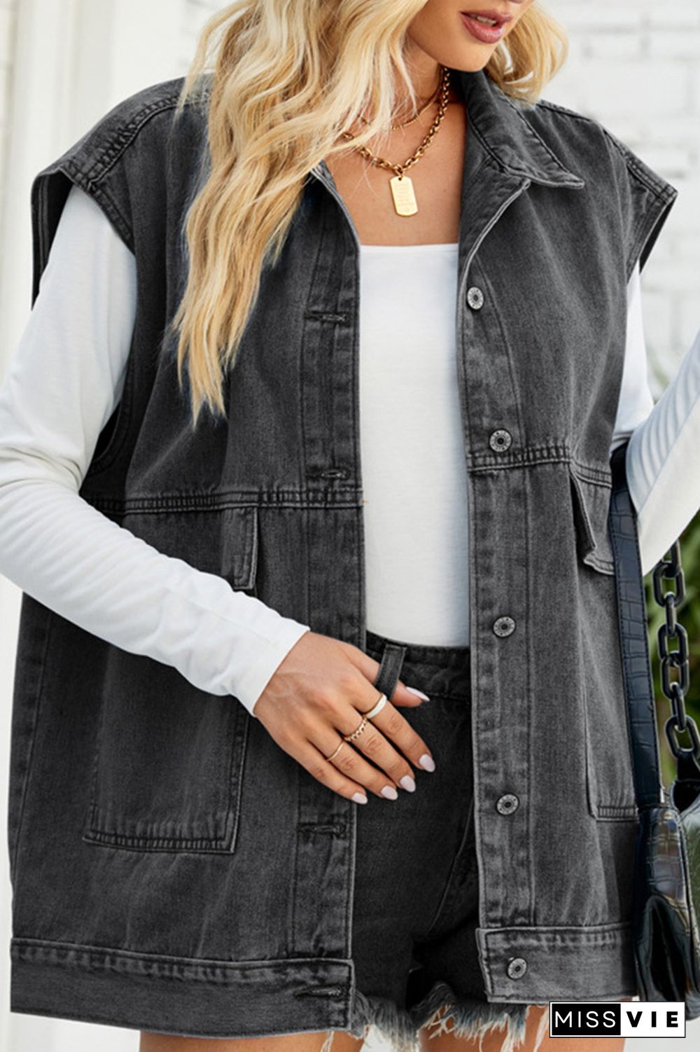 Open Front Pockets Sleeveless Denim Jacket
