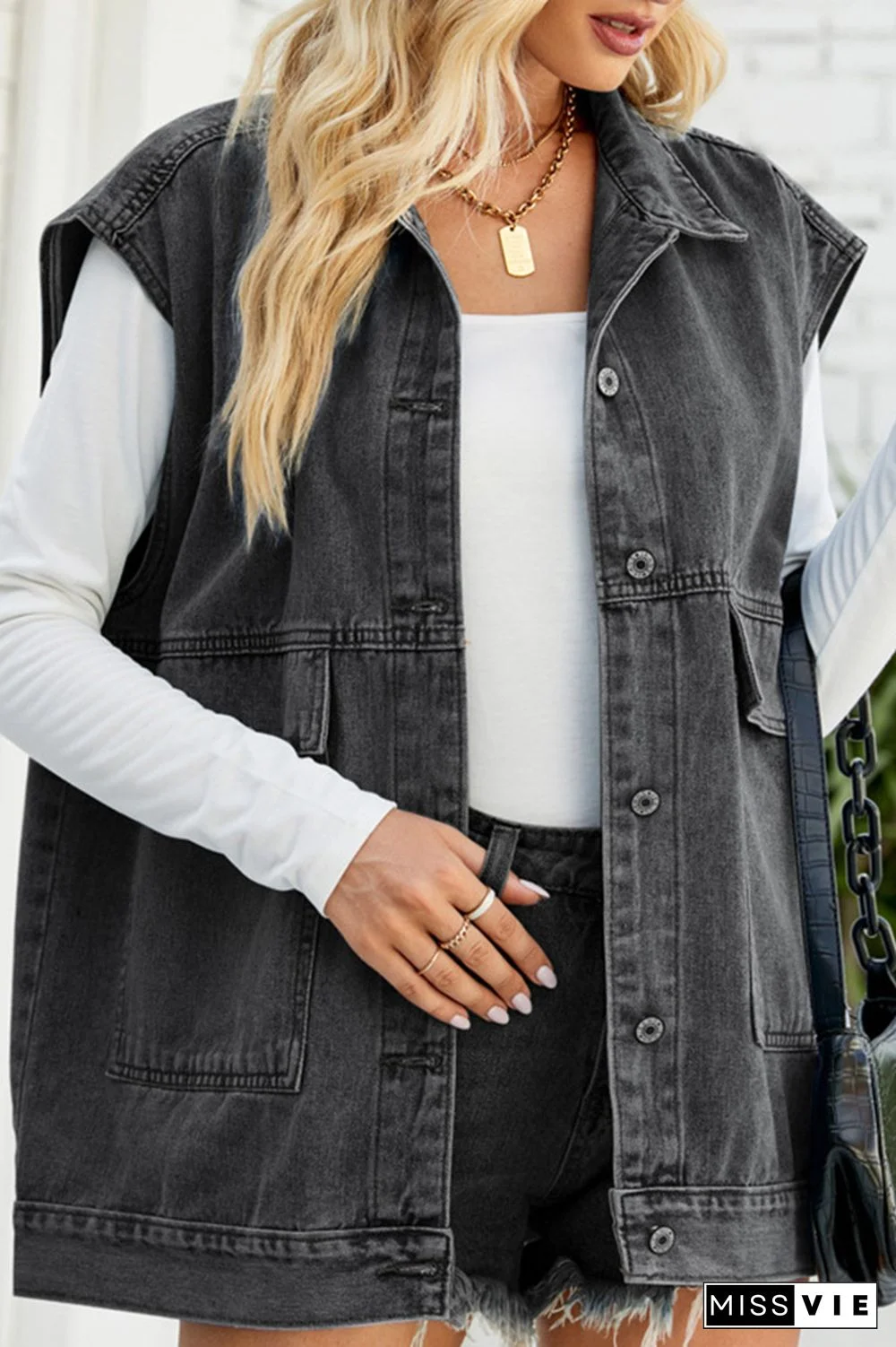 Open Front Pockets Sleeveless Denim Jacket