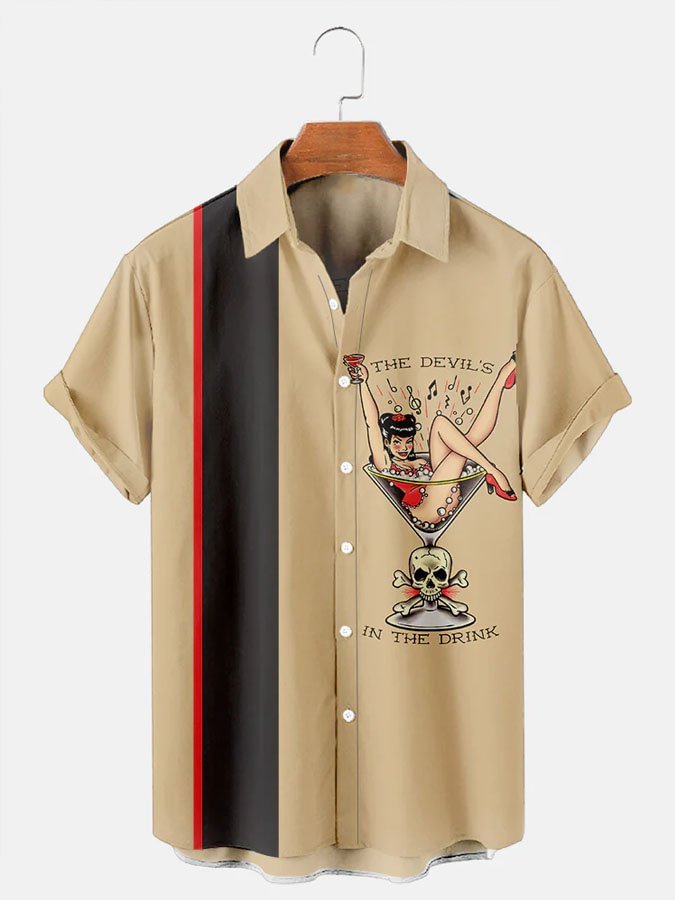 Men's Cocktail Girl And Skull Print Short Sleeve Bowling Shirt
