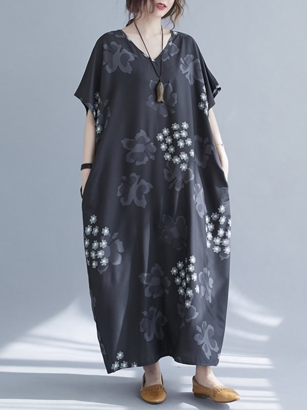 Black Printed V-Neck Batwing Sleeve Plus Size Loose Dress