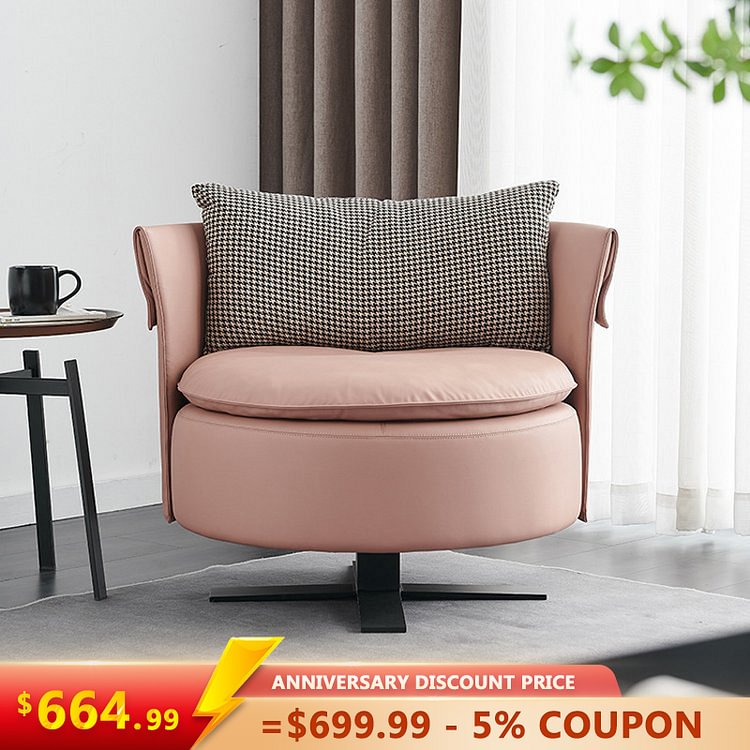 Homemys Round Pink Accent Chair Boucle & Leath-Aire Upholstery for Living Room