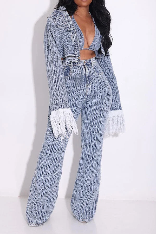 Crochet Hollow-Out Stylish Wide Leg Denim Pant Suit