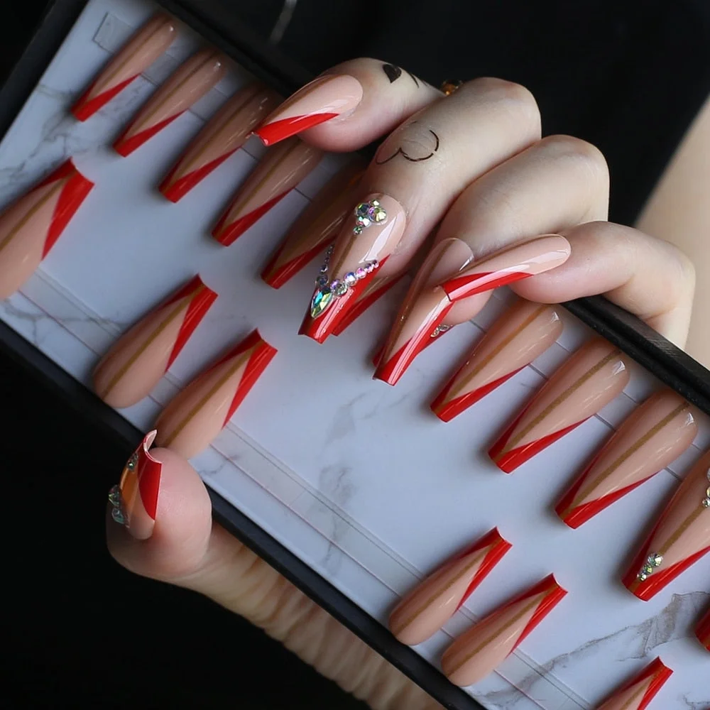 Extra Red V French Gel Luxury Shaped Rhinestones Decorated Artificial Fake Nails Nude False nails Jelly Adhesive Tabs with box-Nail Inspo