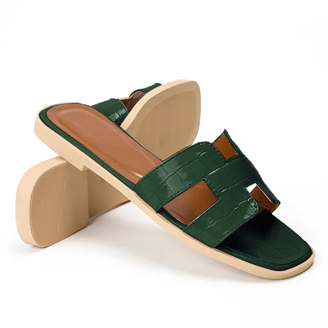 Womens Square Open Toe Summer Casual Flat Crocodile Slippers-vocosishoes