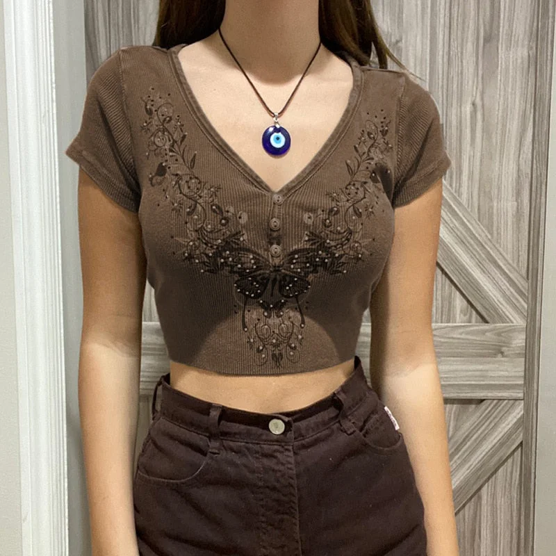 Tawnie Y2K Graphic Rhinestone Print Women T Shirt 2022 Spring Grunge Aesthetic Fairycore Crop Tops O Neck Long Sleeve Tee Top