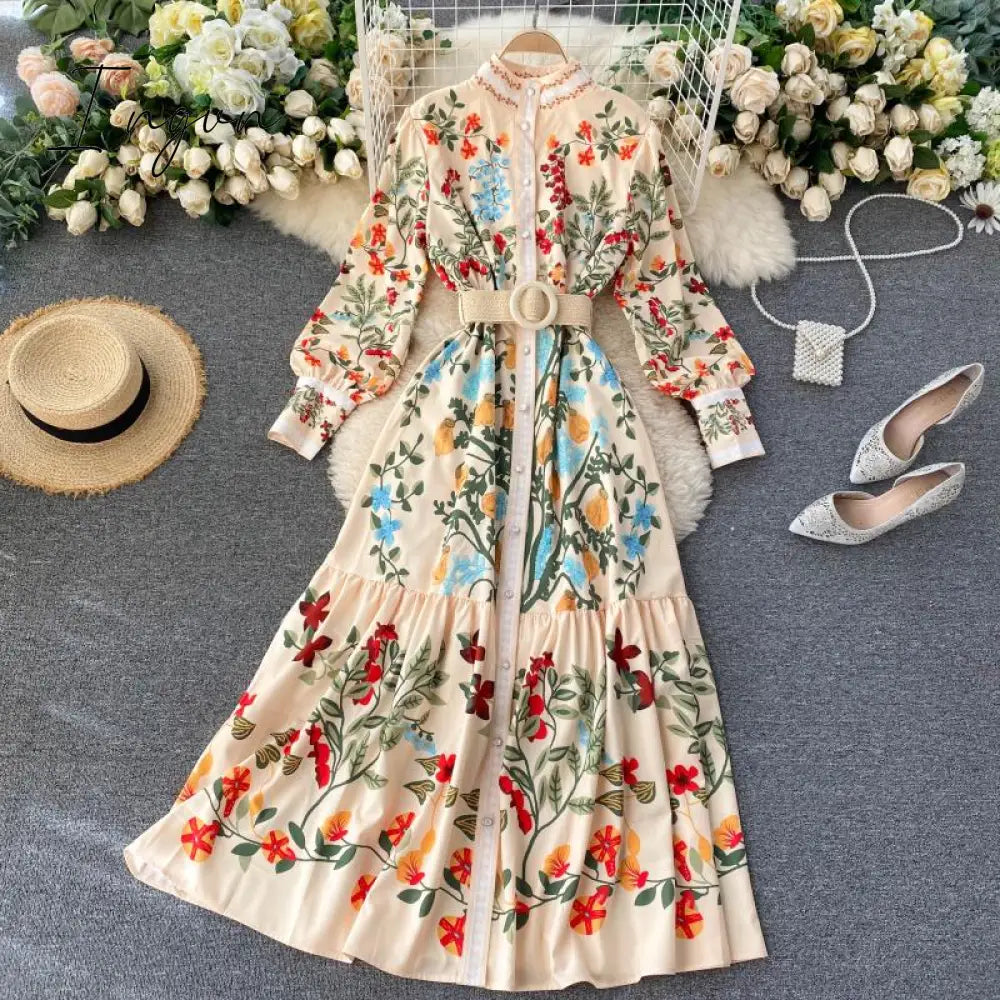 Ingvn - Women Vintage Print Dress Autumn Stand Collar Button Puff Sleeve Long Robe Fashion Chic