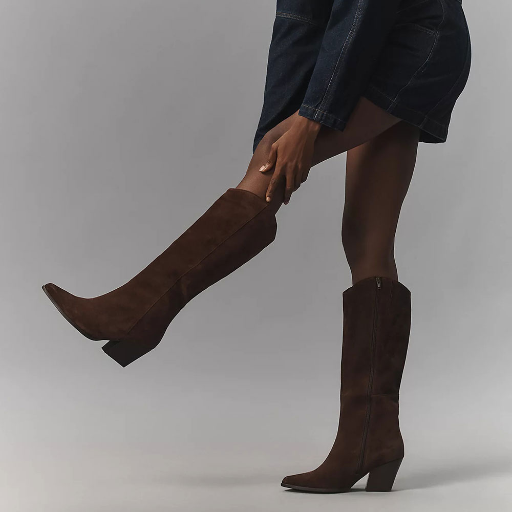 Brown Vegan Suede Pointed Toe Knee High Heeled Boots with Side Zipper Nicepairs