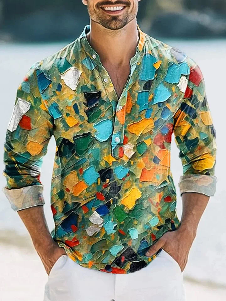 Men's Vintage Multicolor Acrylic Art Print Premium Satin Long Sleeve Shirt