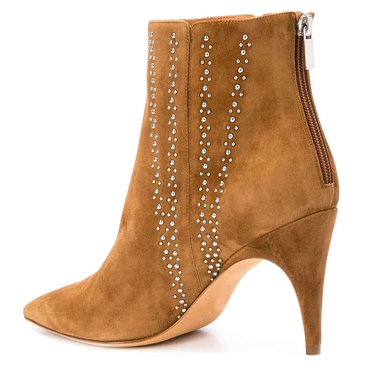 Tan Suede Stud Ankle Booties with Pointy Toe and Stiletto Heels Vdcoo