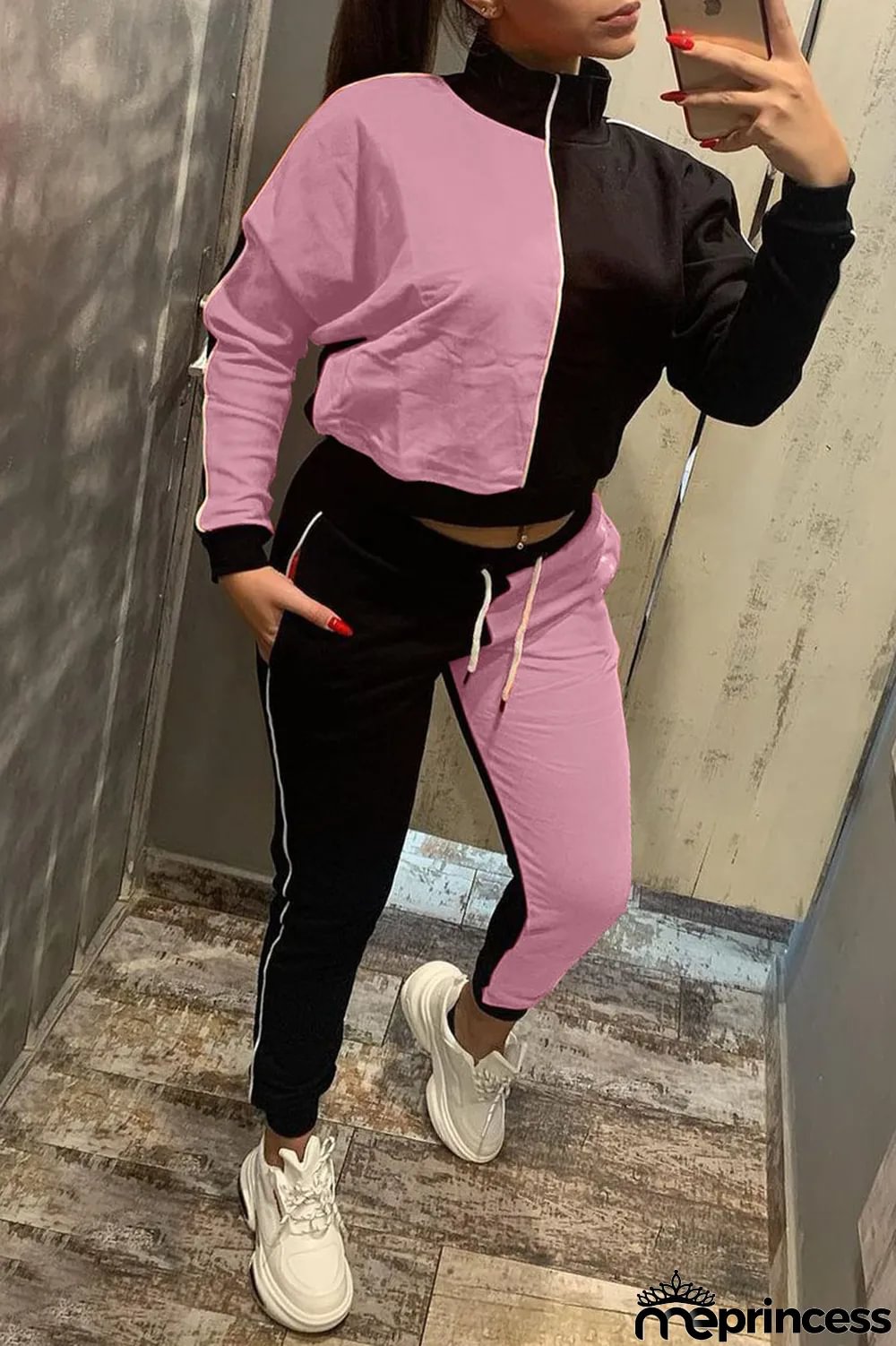 Red Casual Solid Split Joint Zipper Zipper Collar Long Sleeve Two Pieces