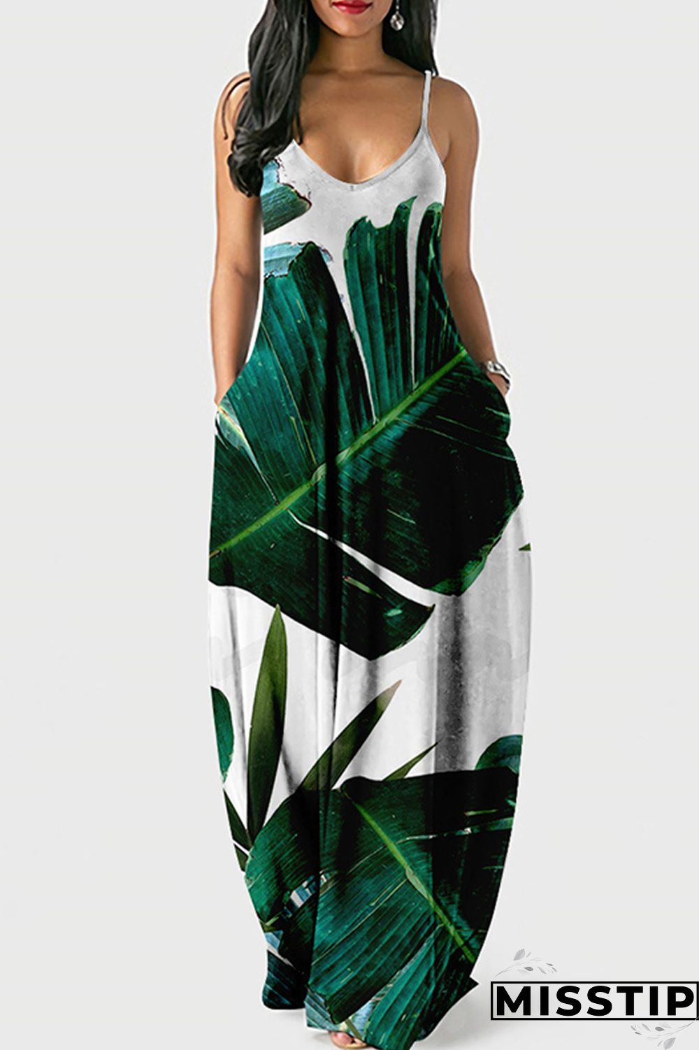 Cyan Green Sexy Casual Print Backless Spaghetti Strap Long Dress Dresses