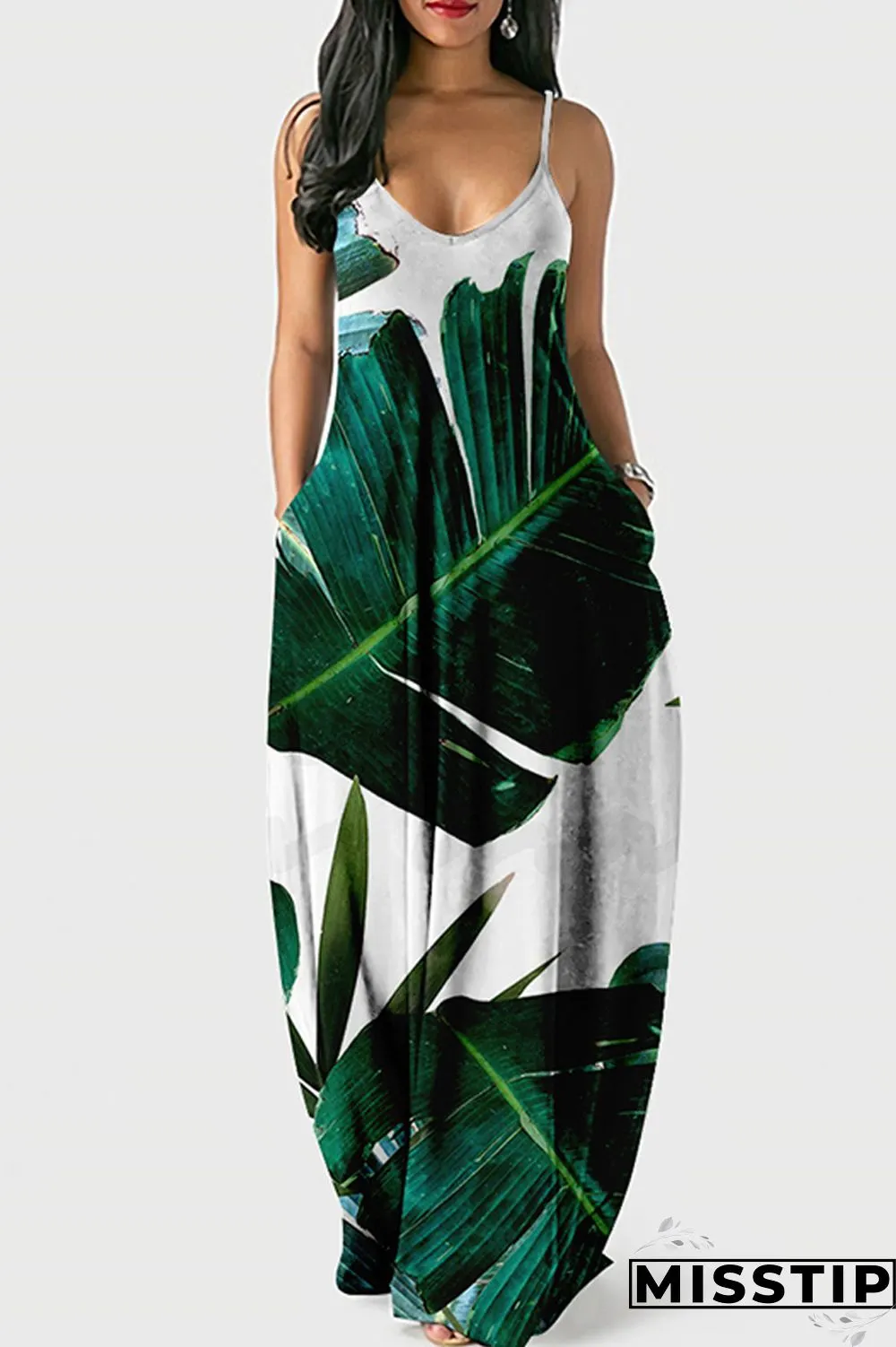 Cyan Green Sexy Casual Print Backless Spaghetti Strap Long Dress Dresses