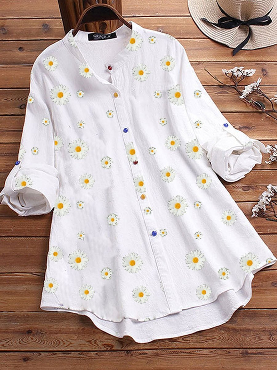 Stand-Up Collar Daisy Print Colorful Button Shirt