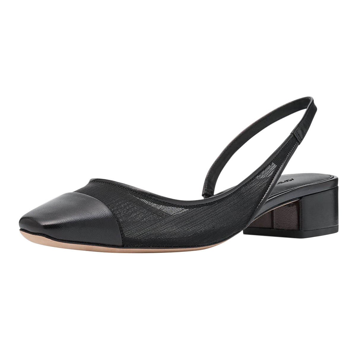 Black Mesh Patchwork Square Toe Block heel Pumps with Slingback Nicepairs