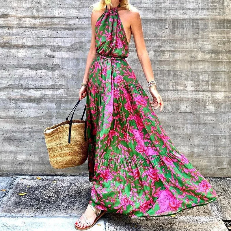 Printed Dress with Open Neck and Waist