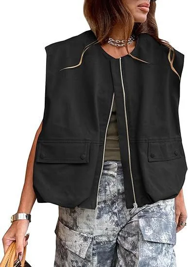 Nigikala Nigikala New Sleeveless Pocket Loose Vest Zipper Coat Woman