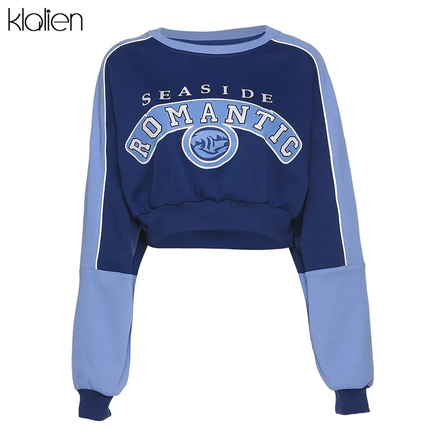KLALIEN Fashion Print Letter Long Sleeve O neck Loose Pullovers Hoodie Autumn New Casual Street Soft Cotton Wild Sweatshirt Lady