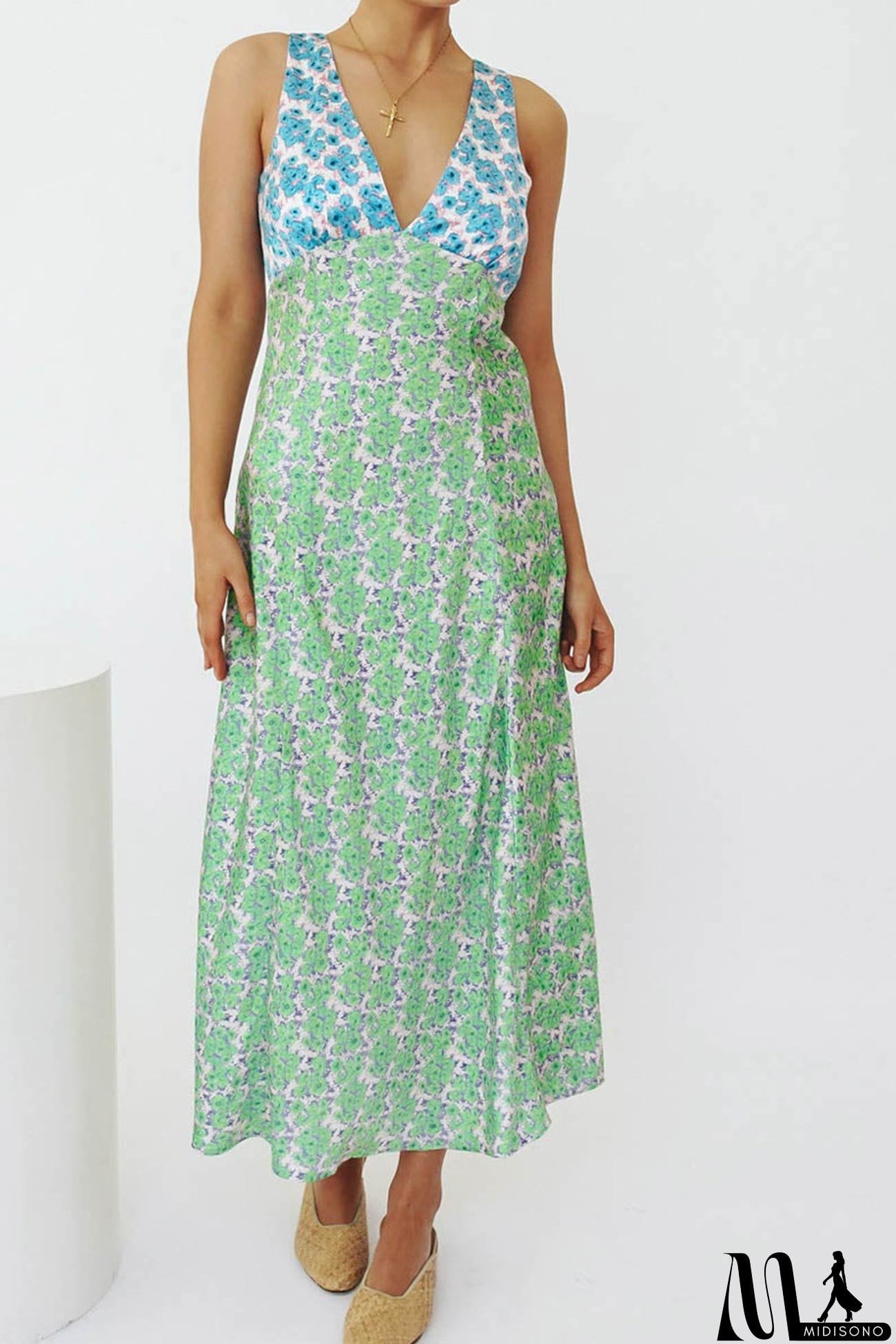 MidiSono - Contrast V Neck Floral Print Tie-back Dress