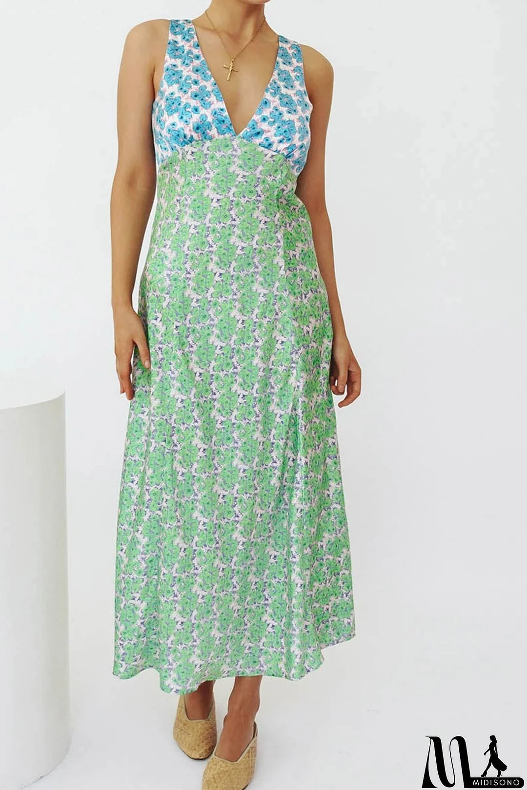 MidiSono - Contrast V Neck Floral Print Tie-back Dress