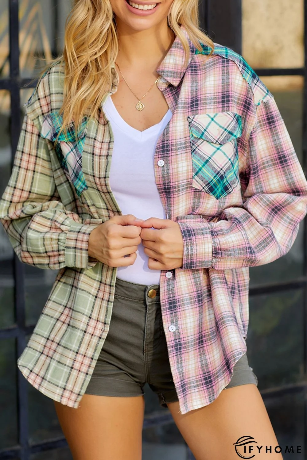 Multicolor Plaid Patchwork Front Pockets Long Sleeve Shirt | IFYHOME