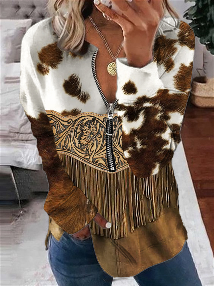  Cowhide Floral Carved Tassels Zip Up Sweatshirt Westsshops