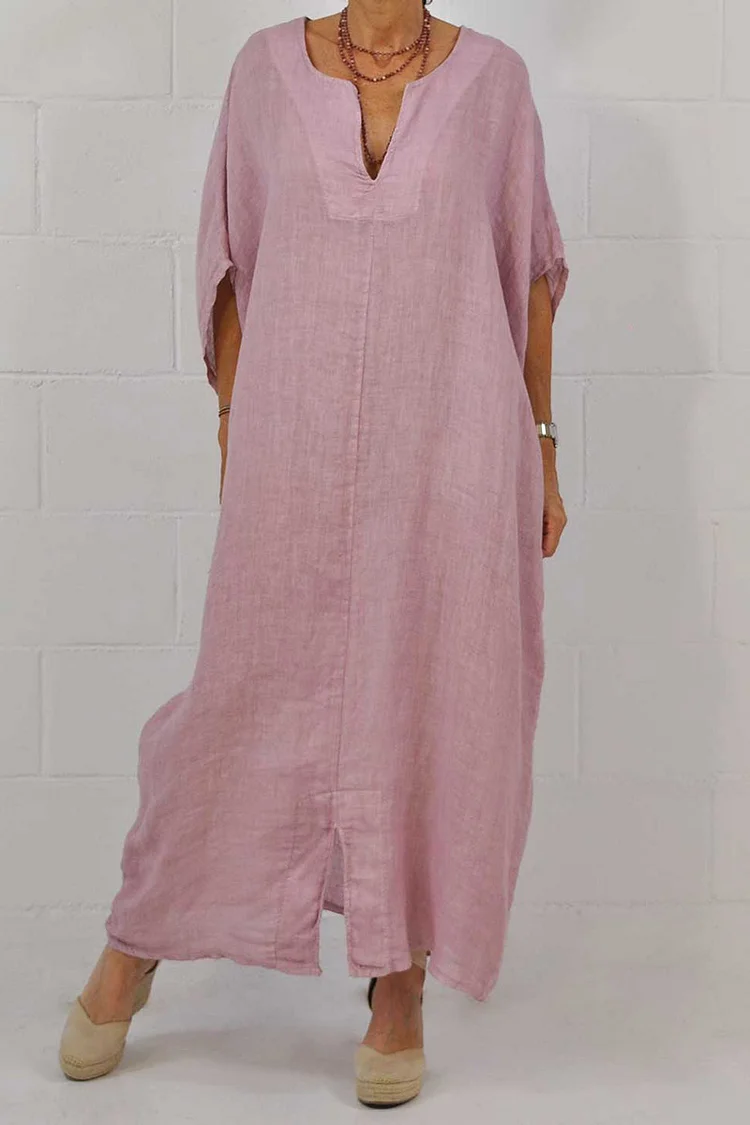 Irregular Neck Batwing Half Sleeve Slit Plain Linen Maxi Dresses [Pre Order]