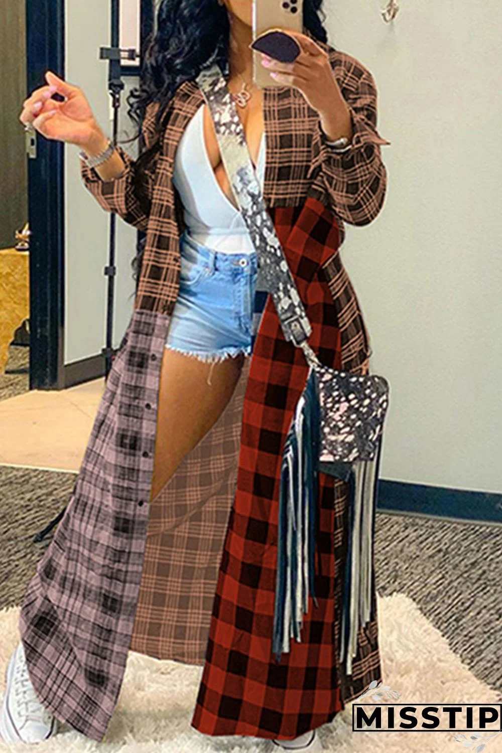 Black Gray Casual Plaid Print Cardigan Turndown Collar Outerwear