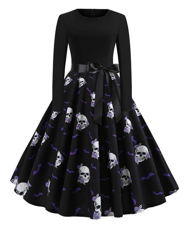 Halloween Pumpkin/Skull Round Neck Print Dress With Waistband - Chicaggo