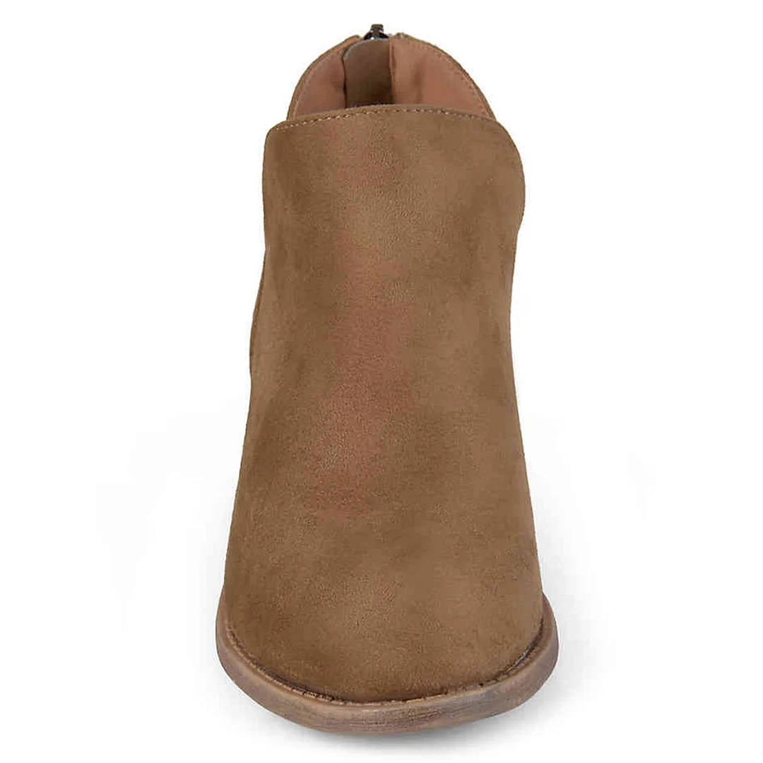 Faux Suede Round Toe Back-Zip Block Heel Ankle Boots in Brown 