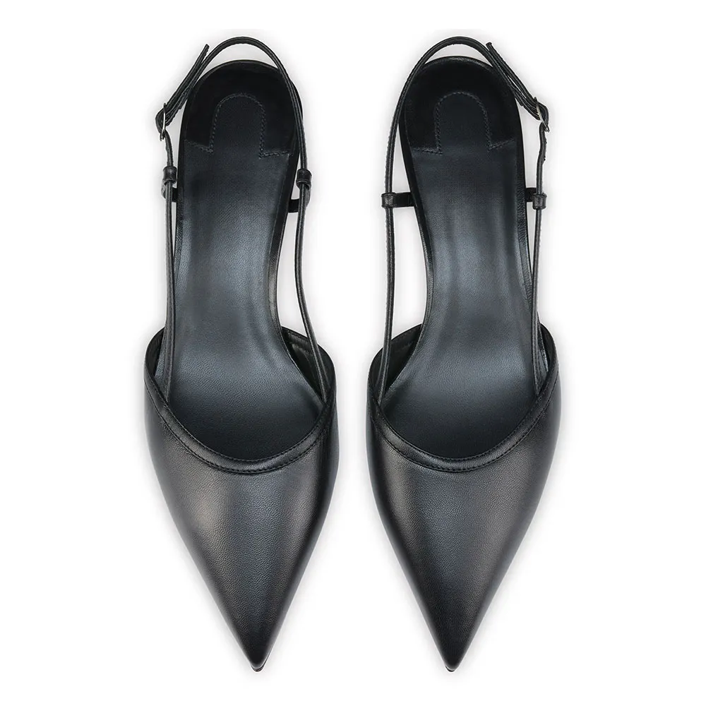 Classic Black Pointed Toe Chunky Heel Slingback Buckle Pumps Shoes